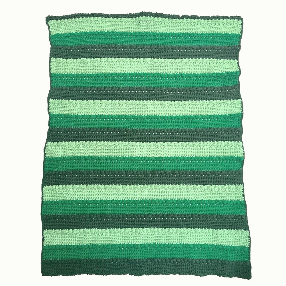 Handmade Crochet Throw Blanket Green Striped Bobble Stitch Afghan 37x50 Boho - Picture 3 of 7